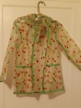clear Cherry Print Rain Jacket with Green Trim 4t